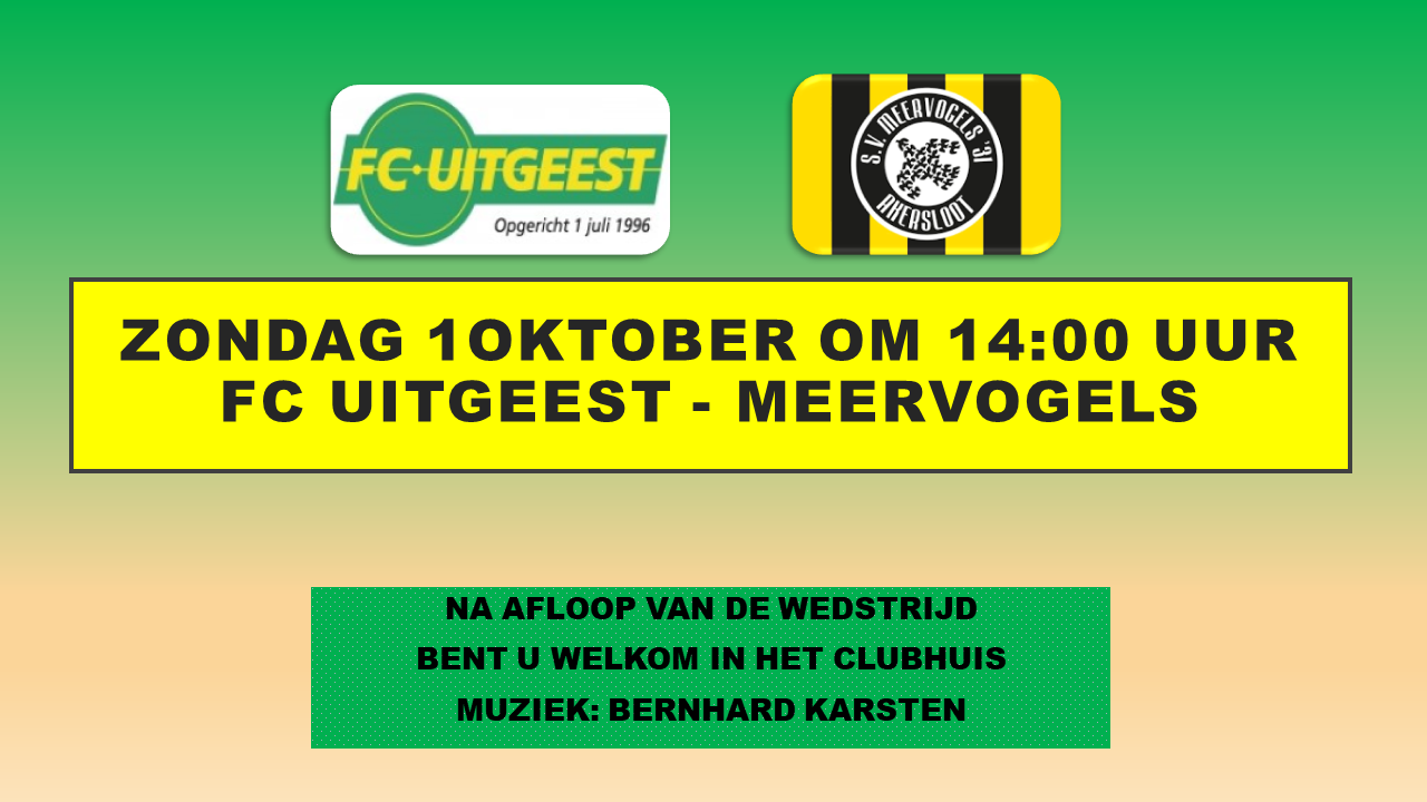 Zondag 1 oktober FC Uitgeest – Meervogels. Na afloop van de wedstrijd is er Live muziek met Bernhard Karsten