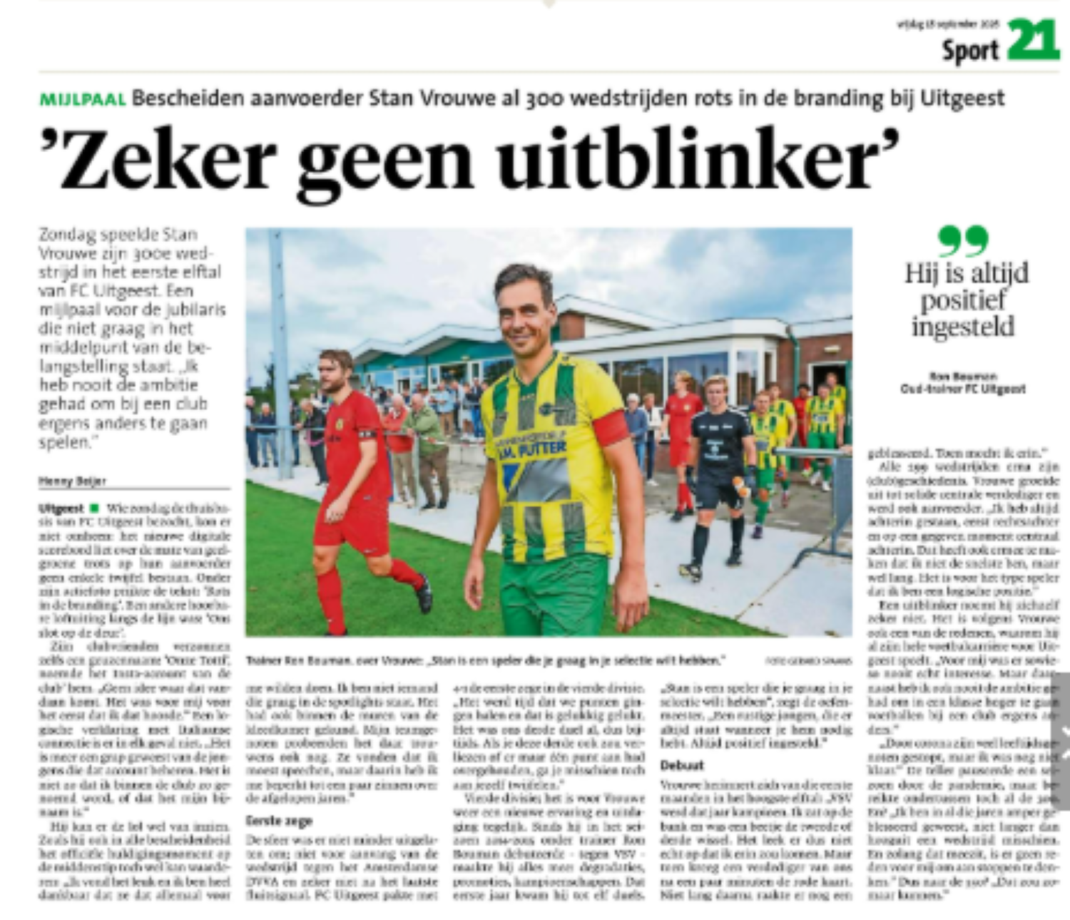 Mijlpaal: Bescheiden aanvoerder Stan Vrouwe al 300 wedstrijden rots in de branding bij FC Uitgeest