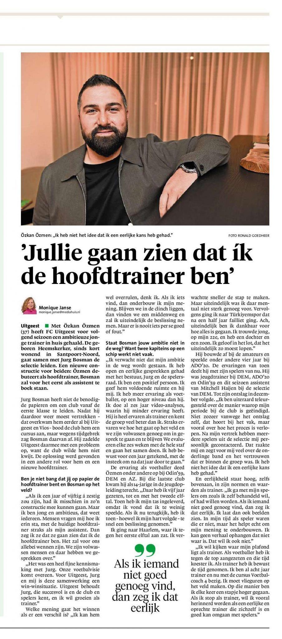 Interview in Dagblad Kennemerland met de trainer voor het volgende seizoen Özkan Özmen