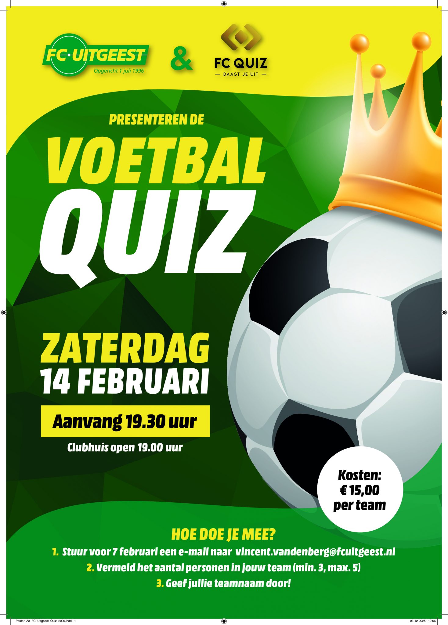 Voetbalquiz FC Uitgeest op zaterdagavond 14 februari 2026